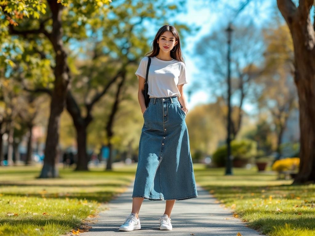 A young woman wearing a white t-shirt and a denim long skirt, standing on a path surrounded by trees.