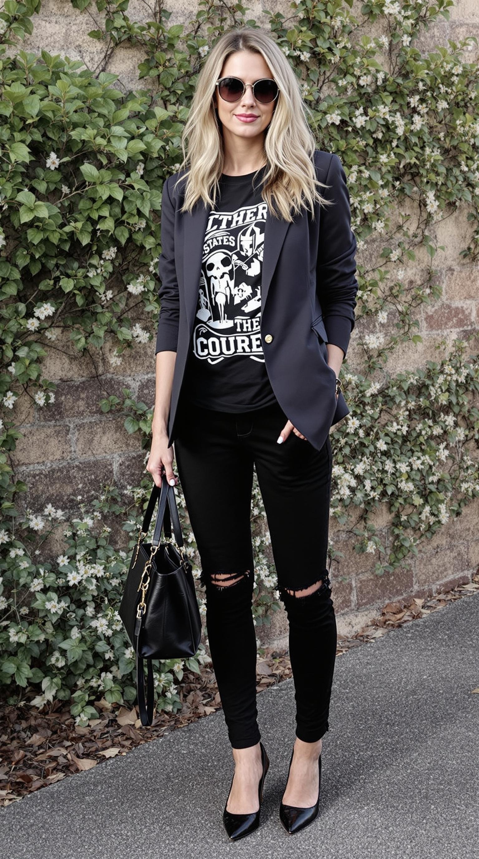 A stylish outfit featuring a black blazer and a graphic tee laid out on a bed.