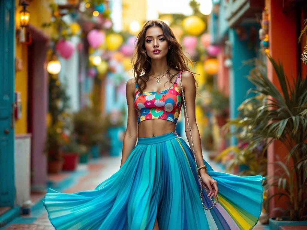 A model wearing a colorful crop top and a flowing pleated skirt in a vibrant outdoor setting.