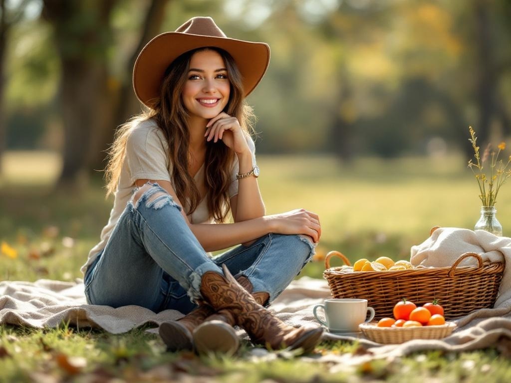 A woman in distressed jeans and a hat, sitting on a blanket with a picnic basket in a sunny outdoor setting.