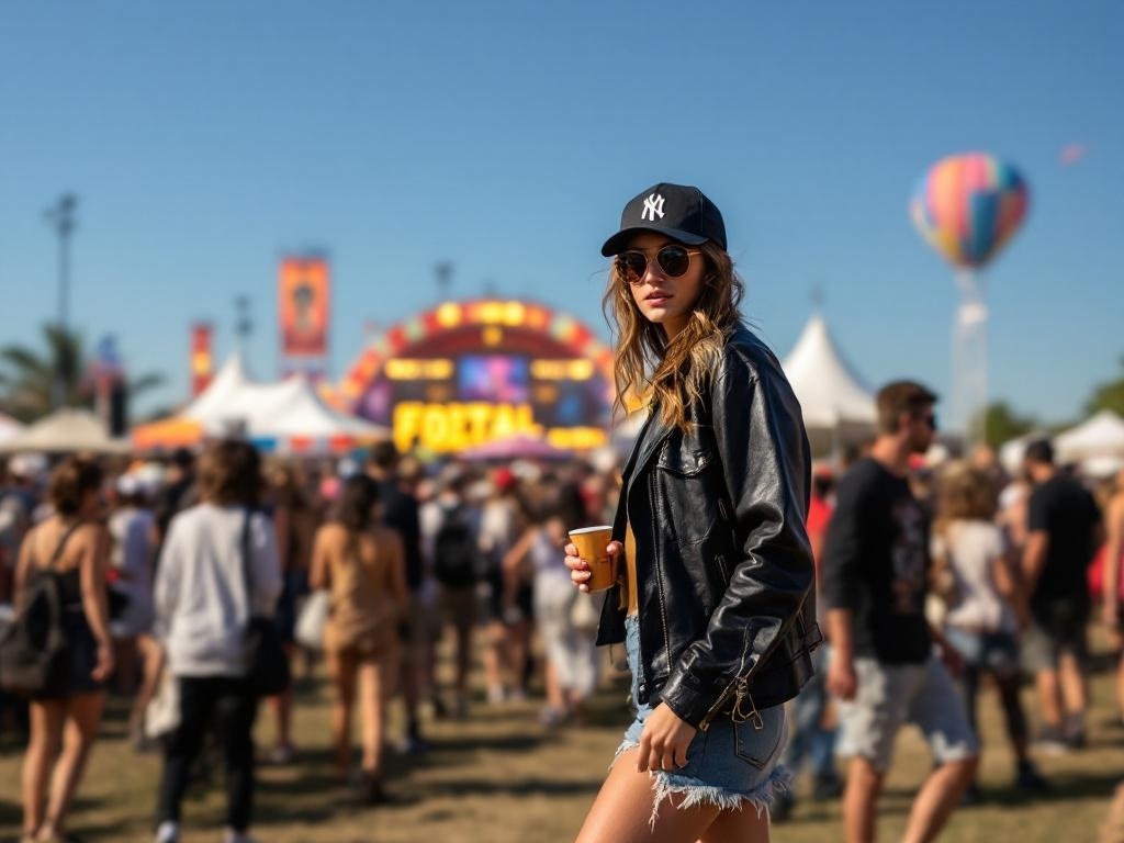 A person wearing a leather jacket, graphic tee, and shorts at a festival.