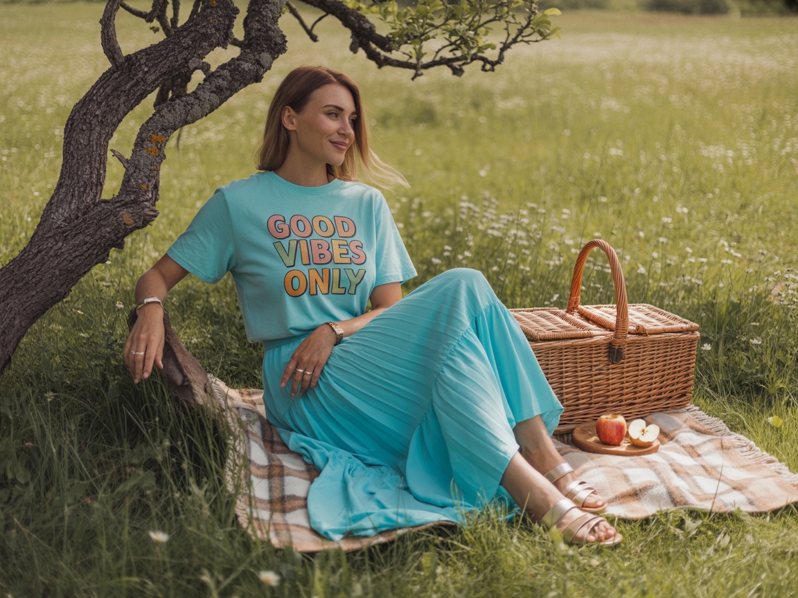 A woman wearing a casual maxi skirt and a graphic tee in a park setting.