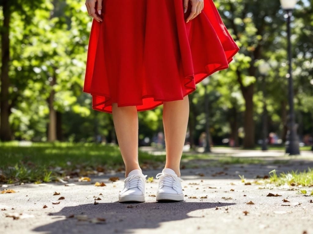 A person wearing a red dress and white sneakers standing on a path surrounded by greenery.