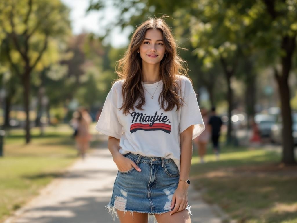 A woman wearing a graphic tee and a denim skirt, standing in a park.