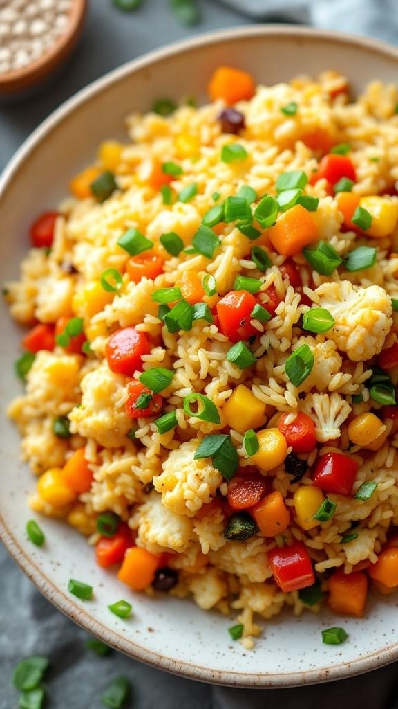 A bowl of colorful cauliflower rice mixed with vegetables, topped with green onions.
