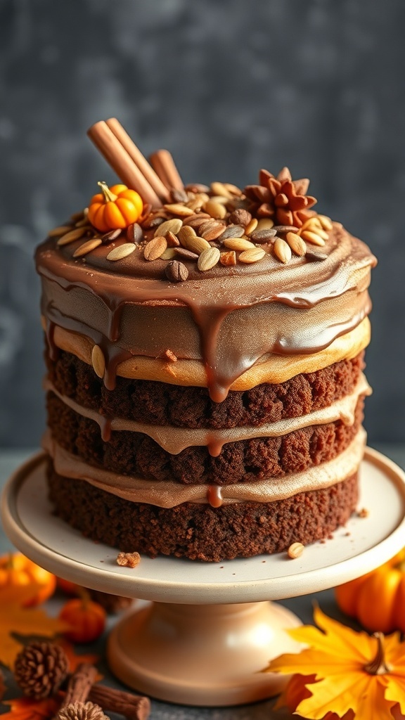 A rich chocolate pumpkin cake decorated with chocolate frosting, pumpkin seeds, and autumn-themed decorations.