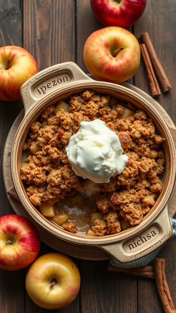 A warm apple crisp topped with vanilla ice cream, surrounded by fresh apples and cinnamon sticks.