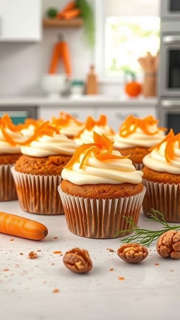 Charming carrot cake muffins topped with cream cheese frosting and carrot shavings, set in a bright kitchen.