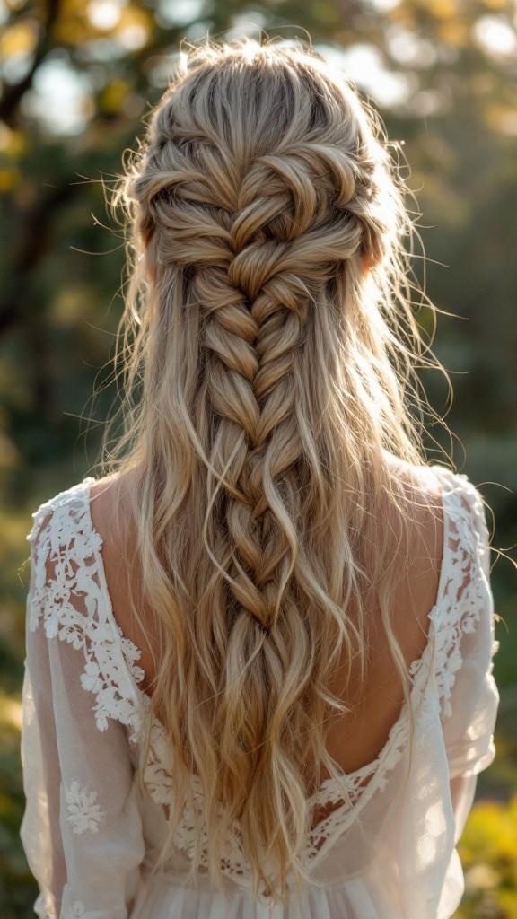 A woman with a charming lace braid hairstyle, featuring loose waves and intricate details, set against a natural background.