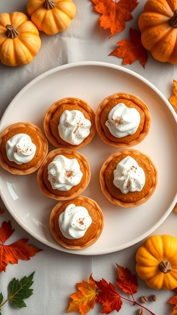 Mini pumpkin pies topped with whipped cream and cinnamon, surrounded by small pumpkins and autumn leaves.
