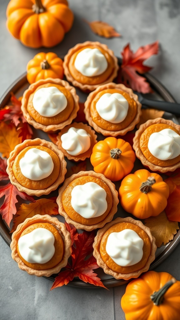 Mini pumpkin pies with whipped cream on top, surrounded by small pumpkins and autumn leaves.