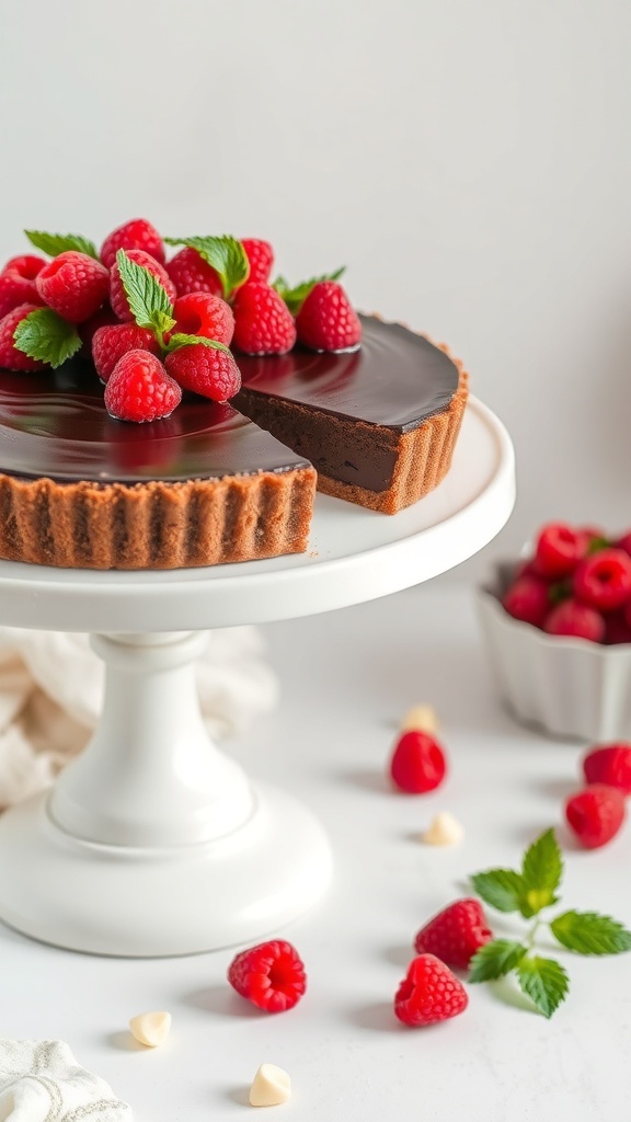 A no-bake chocolate and raspberry tart topped with fresh raspberries and mint leaves, displayed on a white cake stand.