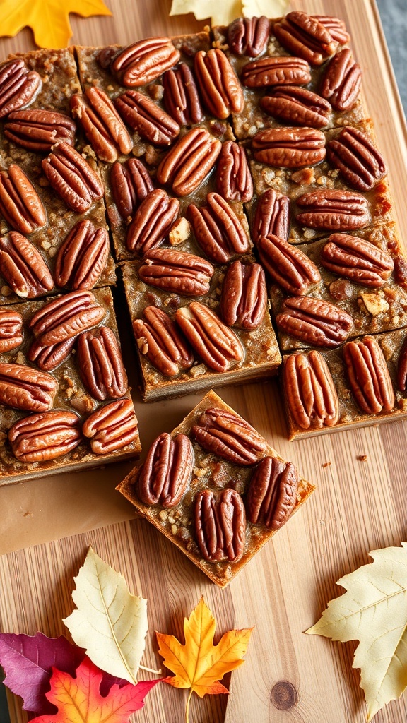 No-bake pecan pie bars topped with pecans and surrounded by fall leaves.