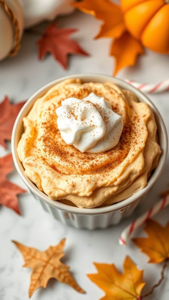 A bowl of no-bake pumpkin fluff dessert topped with whipped cream and cinnamon, surrounded by autumn leaves and a small pumpkin.