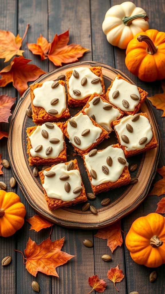 Peanut butter pumpkin bars topped with cream cheese frosting and pumpkin seeds, surrounded by autumn leaves and pumpkins.