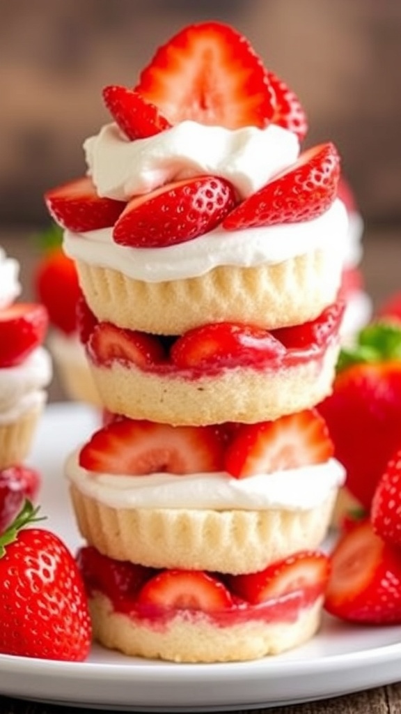 Charming strawberry shortcake cups with fresh strawberries and whipped cream, beautifully presented.