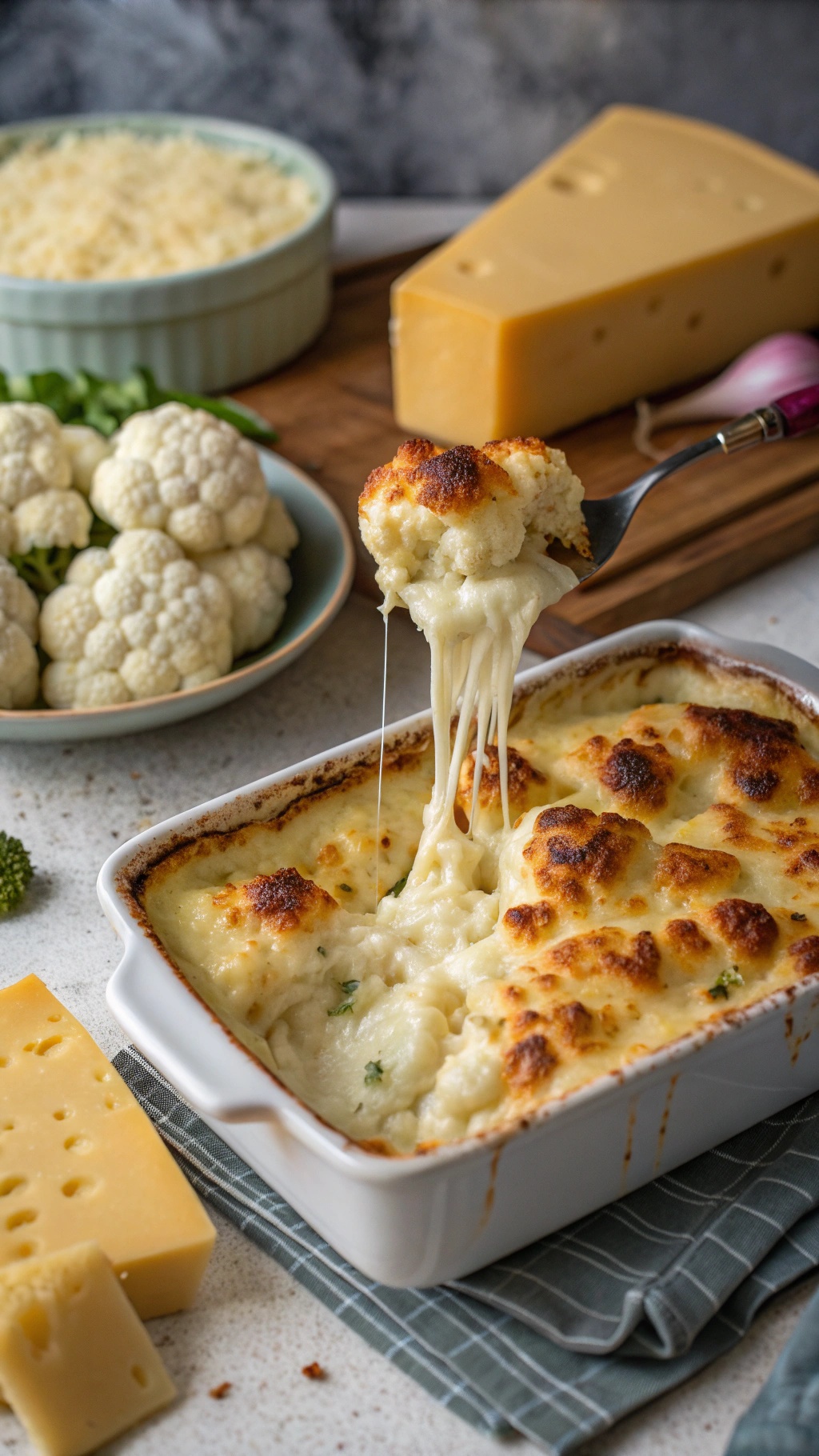 A cheesy cauliflower bake with gooey cheese and a golden crust, surrounded by fresh cauliflower and cheese blocks.