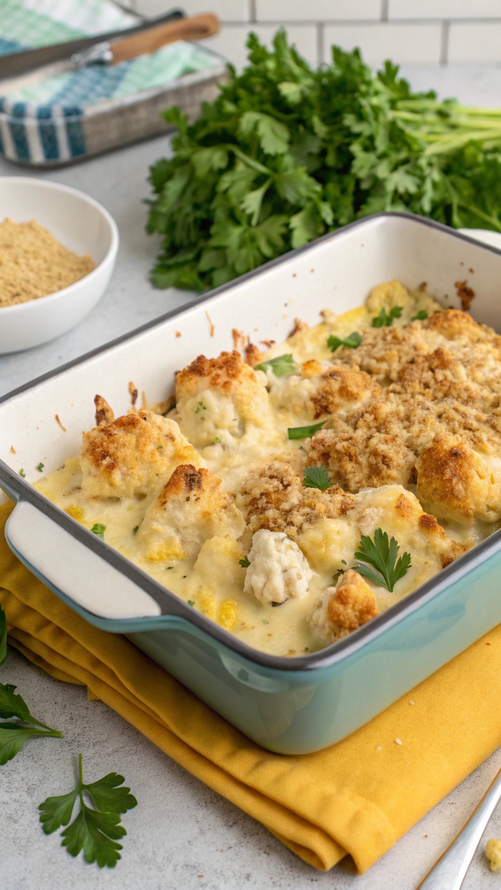 A cheesy chicken and cauliflower bake in a baking dish, garnished with parsley.