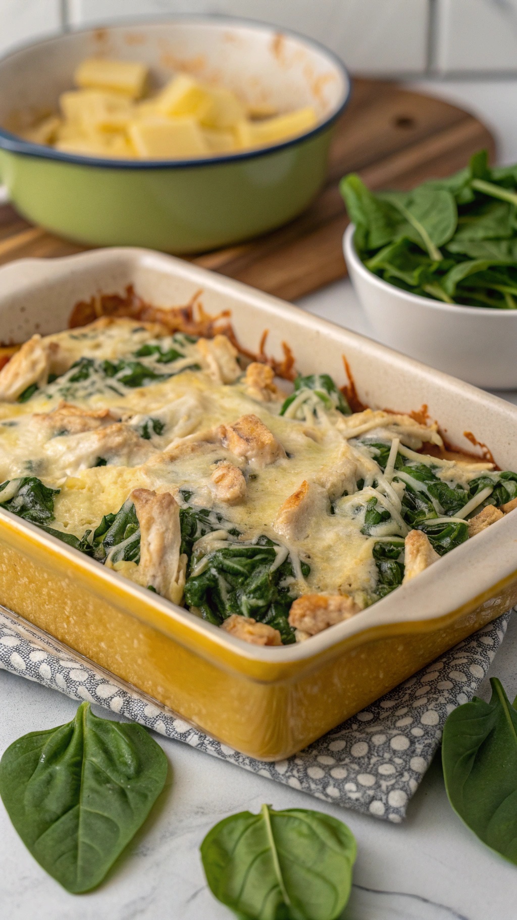 A cheesy chicken and spinach casserole in a yellow dish, topped with melted cheese and surrounded by fresh spinach leaves.