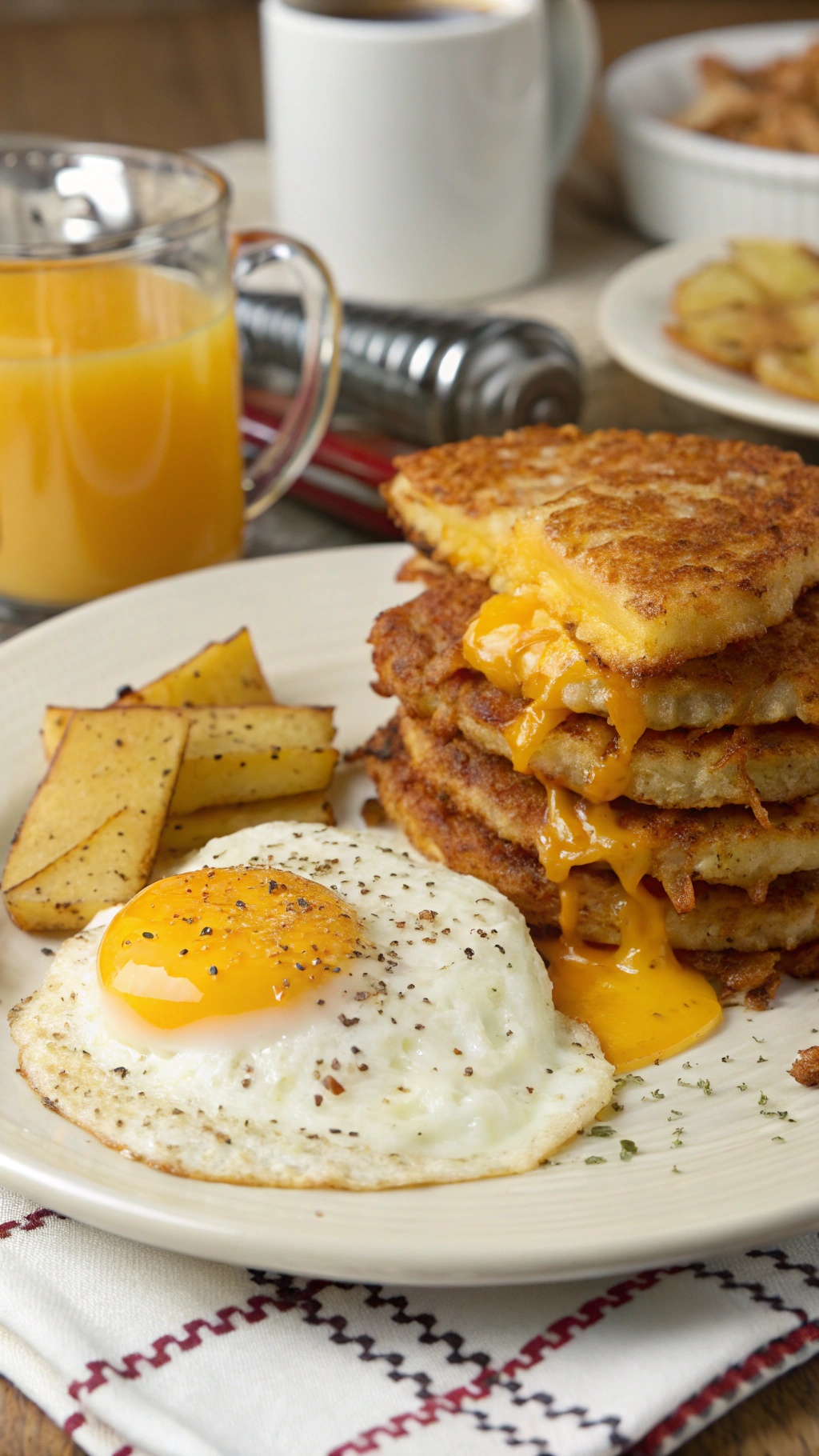 A plate of cheesy hash browns with a sunny-side-up egg and seasoned potato wedges.