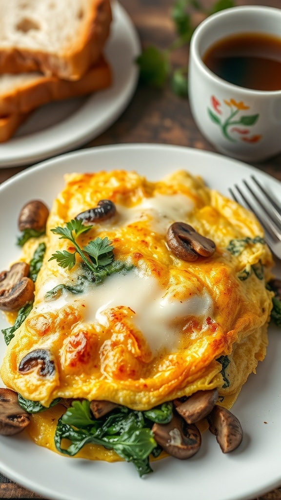 A cheesy spinach and mushroom omelette on a plate with toast and coffee in the background.