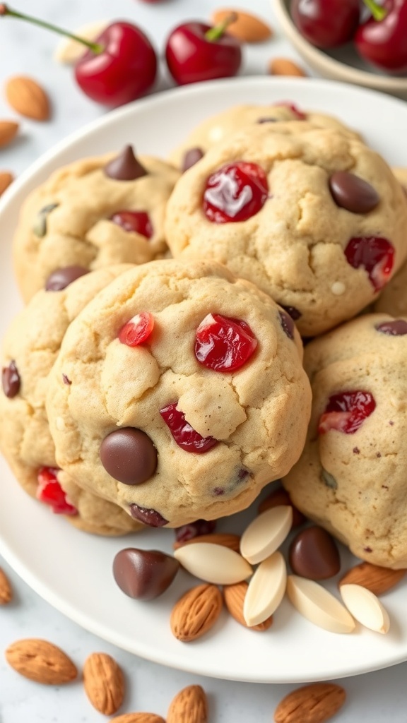 Plate of Cherry Almond Chocolate Chip Protein Cookies with cherries and almonds scattered around