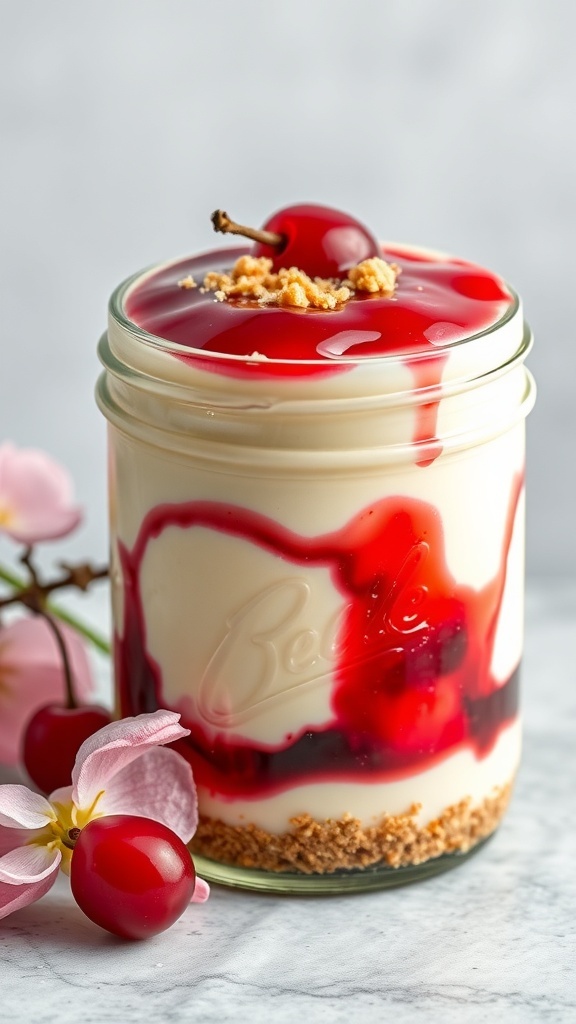A jar of cherry cheesecake with a cherry on top and a graham cracker crust.