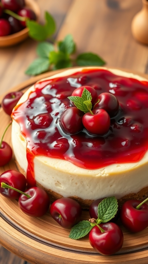 A delicious cherry cheesecake topped with cherry glaze and fresh cherries, garnished with mint leaves.