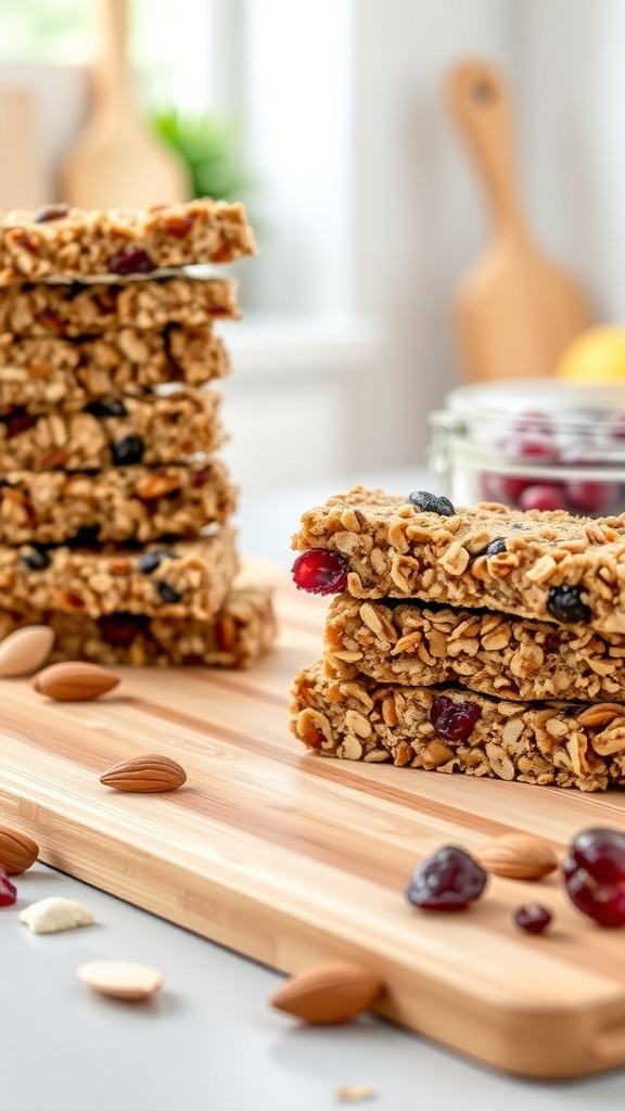 A stack of chewy and crunchy granola bars on a wooden cutting board, surrounded by almonds and dried fruits.