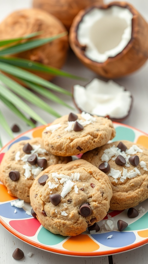 Plate of coconut flour chocolate chip cookies with chocolate chips and shredded coconut, surrounded by whole coconuts.