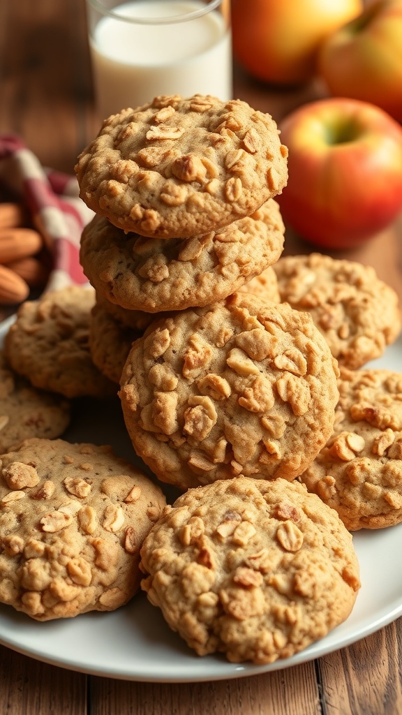 A plate of chewy apple oatmeal cookies stacked with fresh apples in the background.