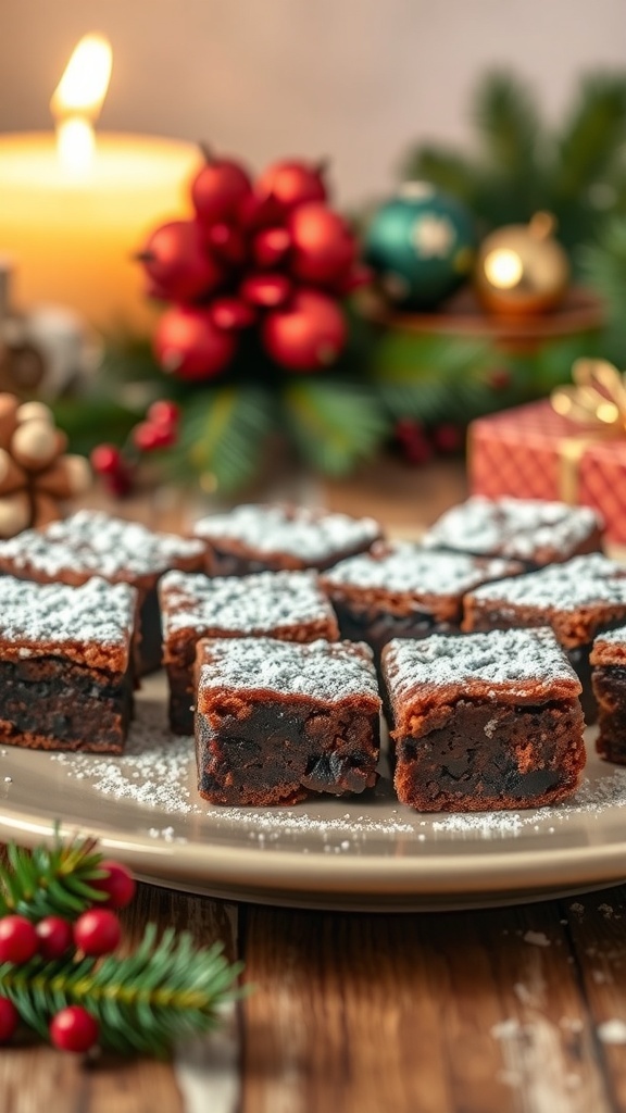 A plate of chewy brownie bites dusted with powdered sugar, surrounded by festive decorations.