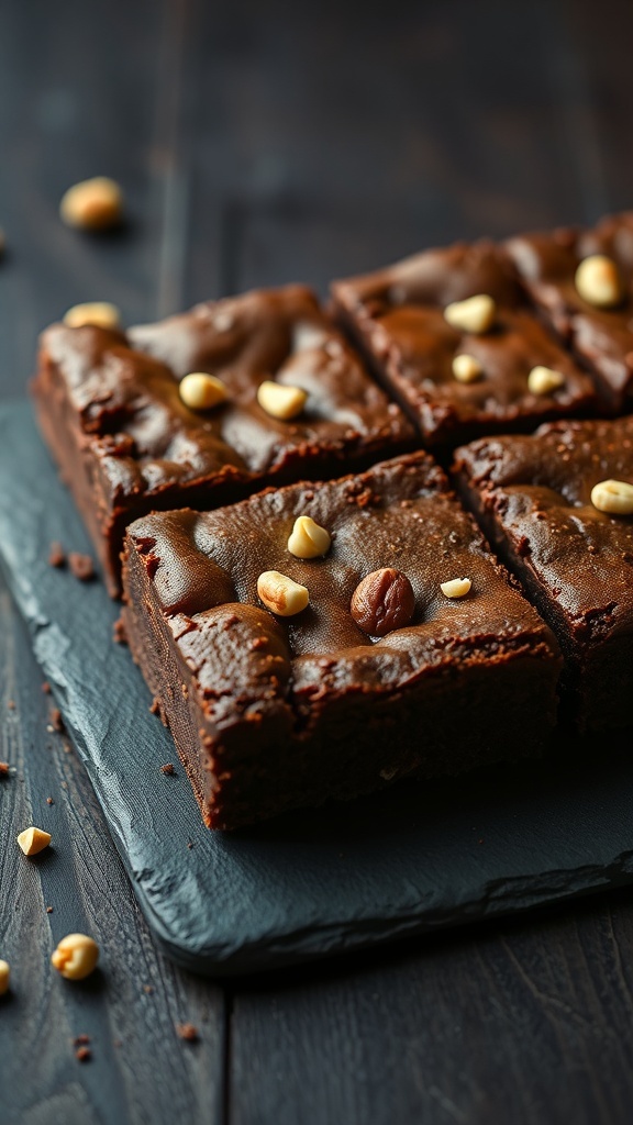 Chewy brownies topped with nuts, cut into squares on a slate board.