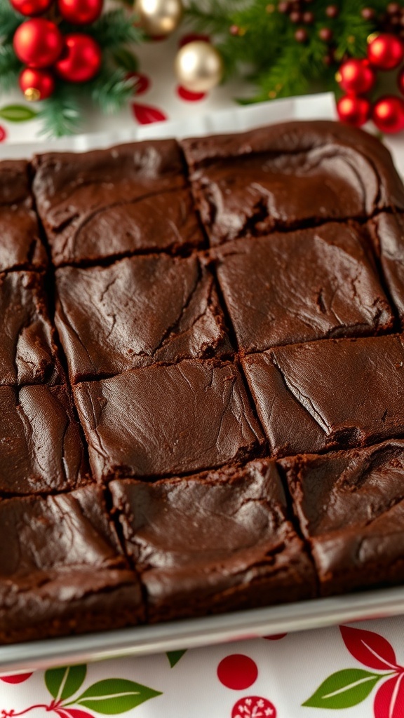 A pan of chewy chocolate brownies cut into squares, surrounded by festive holiday decorations.