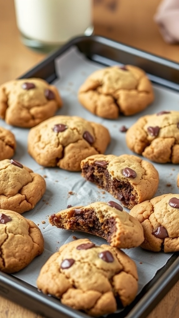 Chewy chocolate cookies with chocolate chips, some broken open to show the soft interior.