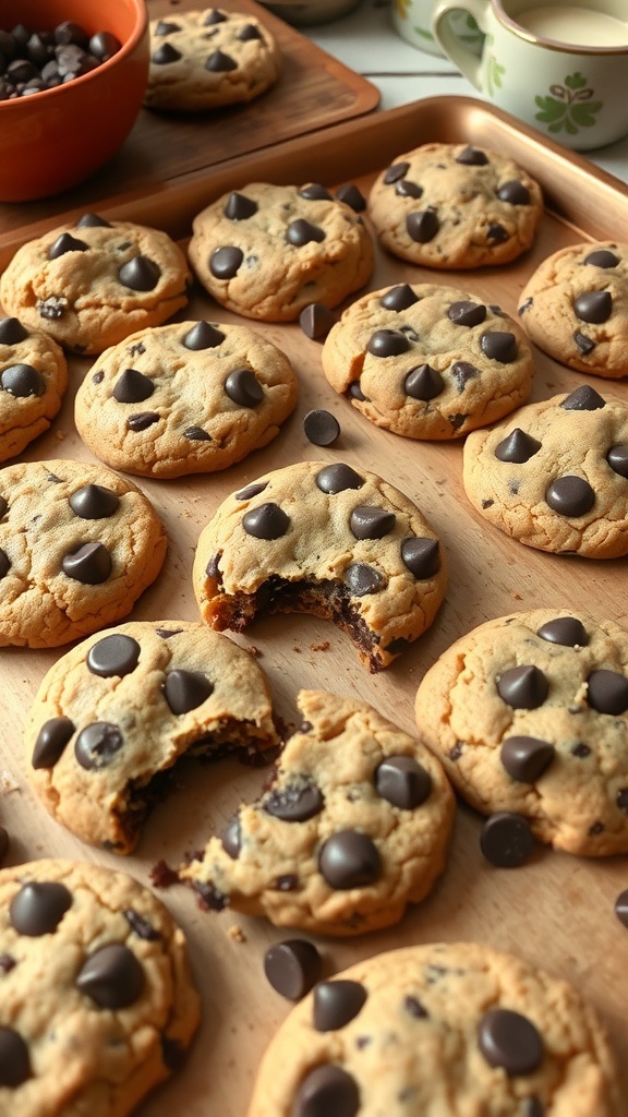Chewy chocolate chip cookies on a baking tray, some with bites taken out, showcasing their soft texture and chocolate chips.