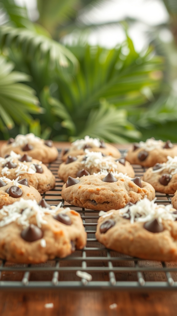 Freshly baked chewy coconut chocolate chip cookies on a cooling rack