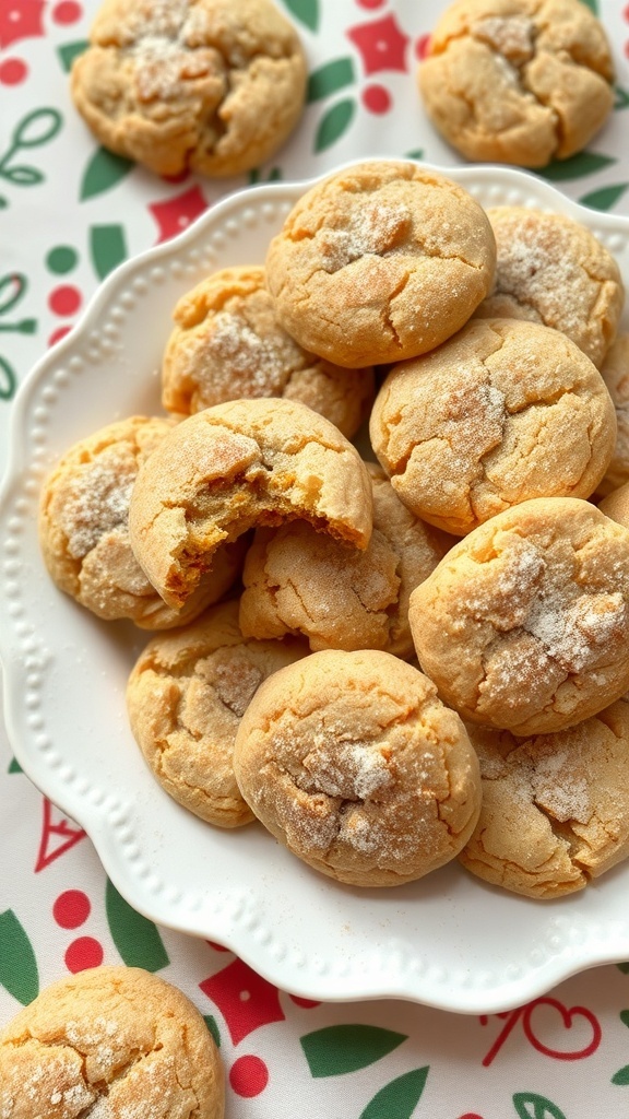 A plate of chewy keto snickerdoodle cookies, some with bites taken out, on a festive background.