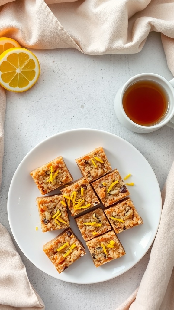 A plate of chewy lemon date bars topped with lemon zest, accompanied by a cup of tea and lemon slices.