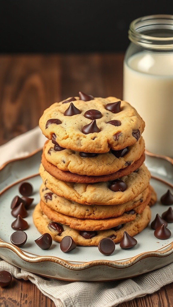 A stack of chewy low-sugar chocolate chip cookies on a plate with chocolate chips scattered around and a glass of milk in the background.