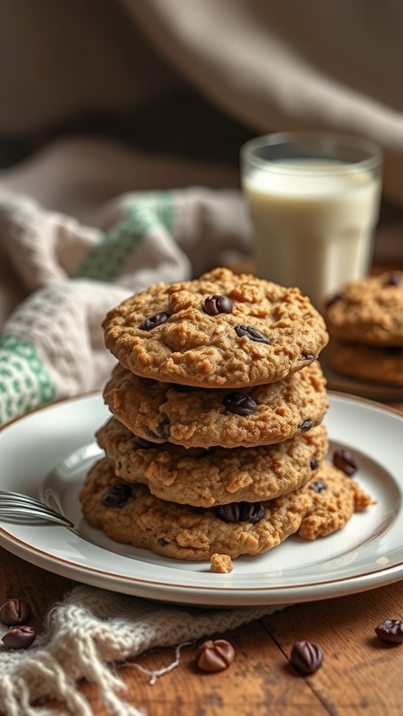 A stack of chewy oatmeal raisin cookies with a glass of milk in the background.