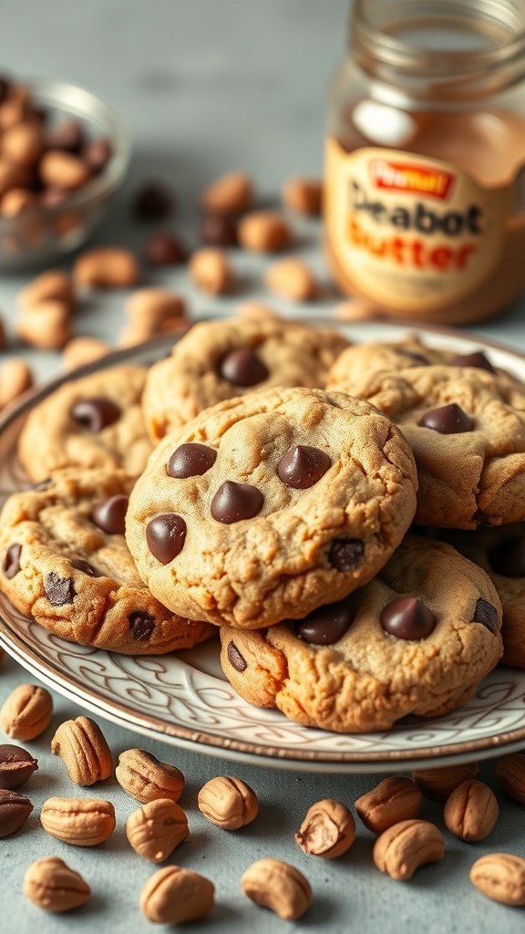 A plate of chewy peanut butter keto chocolate chip cookies with chocolate chips and scattered peanuts.