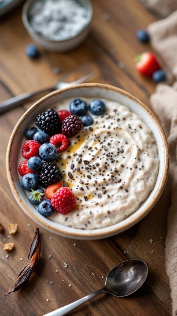 A bowl of chia seed and vanilla overnight oats topped with fresh berries and honey.