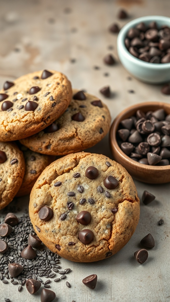 Chia seed chocolate chip cookies with chocolate chips and chia seeds scattered around