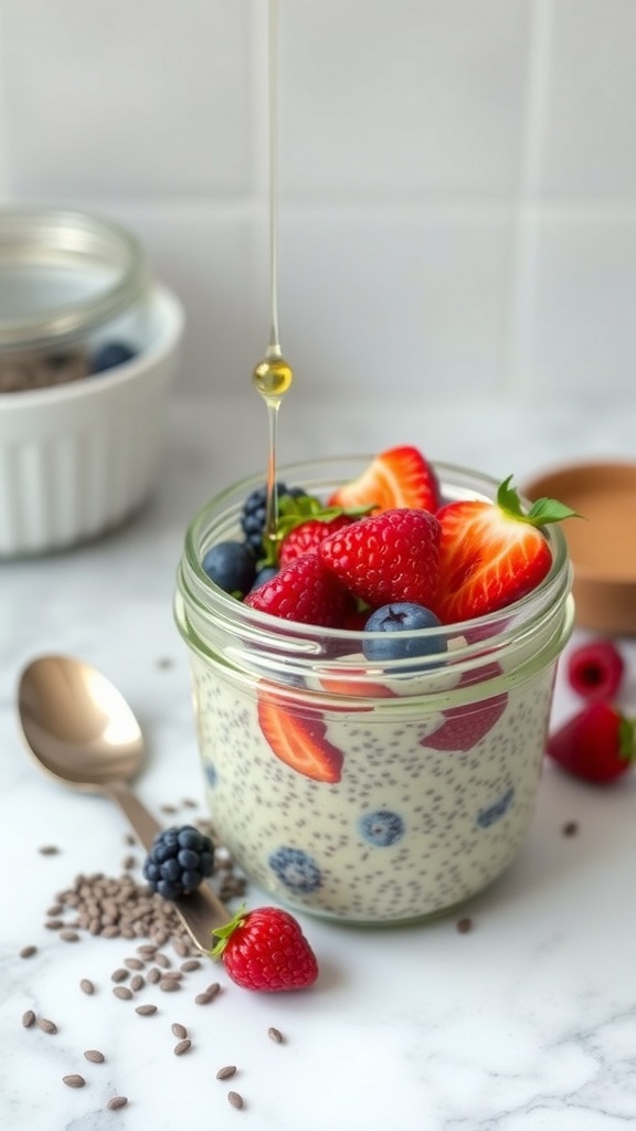 Chia seed pudding topped with strawberries, blueberries, and raspberries in a jar