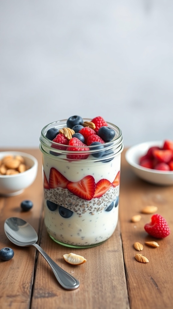 Chia seed pudding layered with almond milk and topped with fresh berries and nuts.