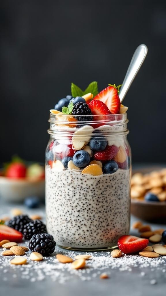 A jar of chia seed pudding topped with fresh berries and nuts, surrounded by almonds.