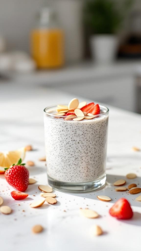 A glass of chia seed pudding made with almond milk, topped with strawberries and slivered almonds, on a marble countertop.