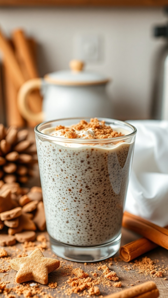 Chia Seed Snickerdoodle Delight pudding in a glass, topped with cookie crumbles and cinnamon, surrounded by gingerbread cookies and cinnamon sticks.