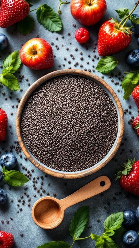 A bowl of chia seeds surrounded by fresh strawberries, blueberries, and raspberries on a textured surface.